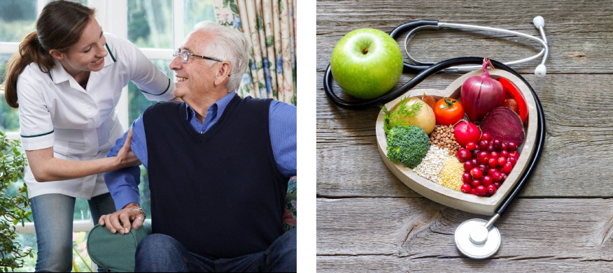 A man sitting on the ground next to an apple and bowl of food.