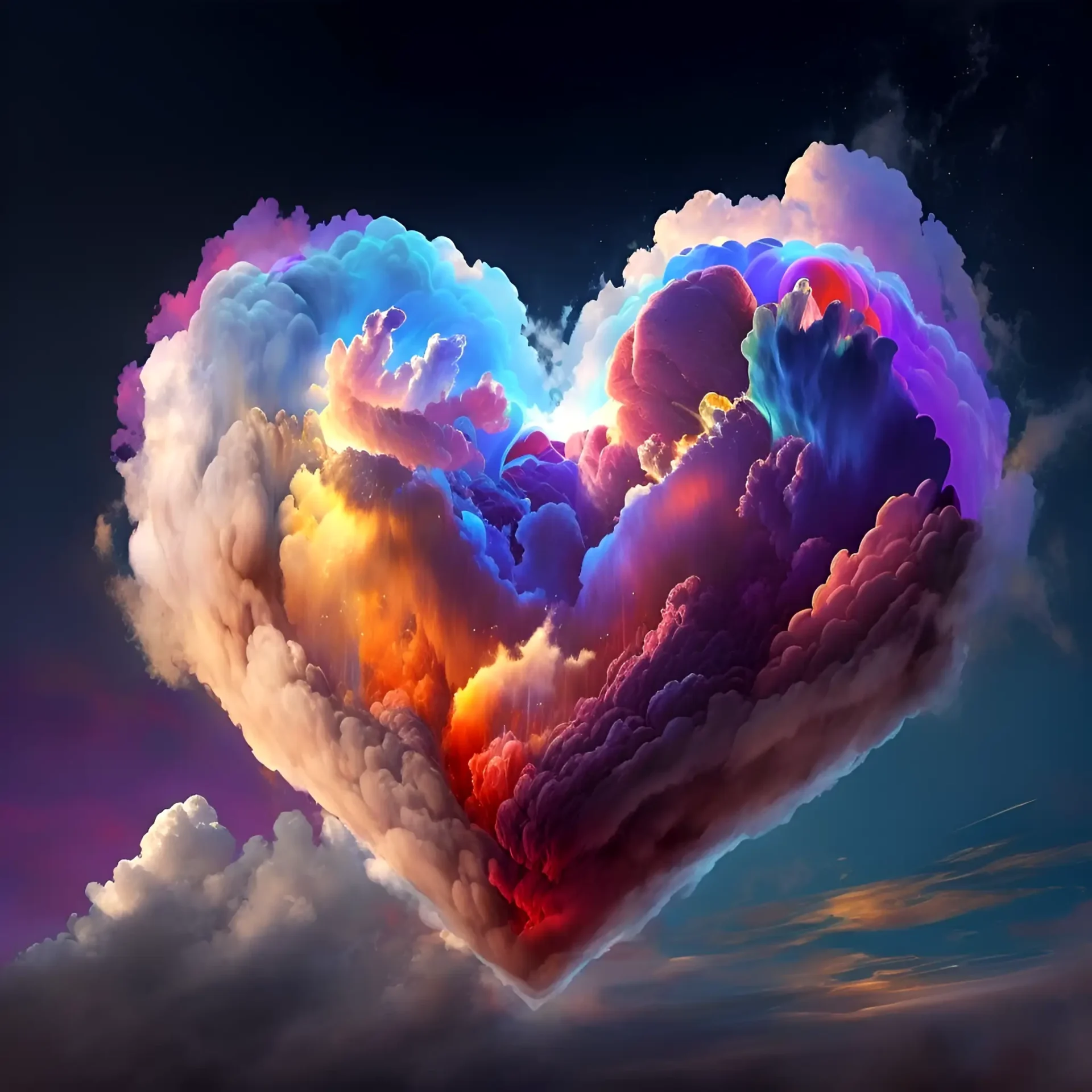 A heart shaped cloud is painted with colors.